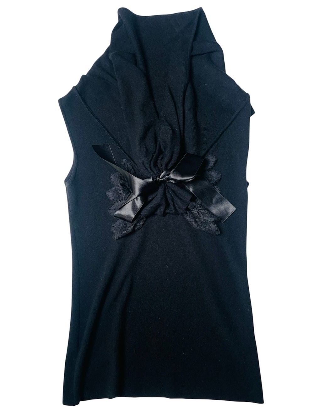 Valentino Roma Black Knit Top High Neck Guipure Lace Bow Size M Made In Italy EC